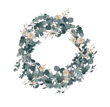 Beyaz arka planda el boyalı suluboya çiçek çelenk. Çelenk, çiçek çerçevesi, suluboya çiçekler, şakayık ve güller, Illustration el boyalı. Beyaz arka planda yalıtılmış.