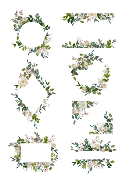 Set of hand-painted watercolor floral wreath on white background.Wreath, floral frame, watercolor flowers, peonies and roses, Illustration hand painted. Isolated on white background. — Stock Photo, Image