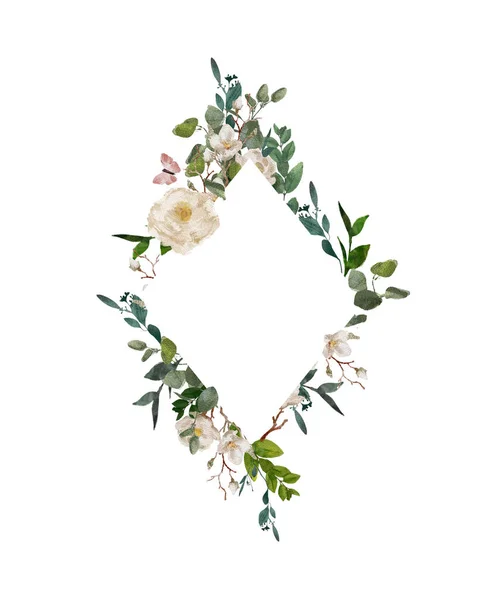 手绘水彩画花卉花环在白色背景上。花环, 花框, 水彩画, 牡丹和玫瑰, 插图手绘。隔离在白色背景上. — 图库照片