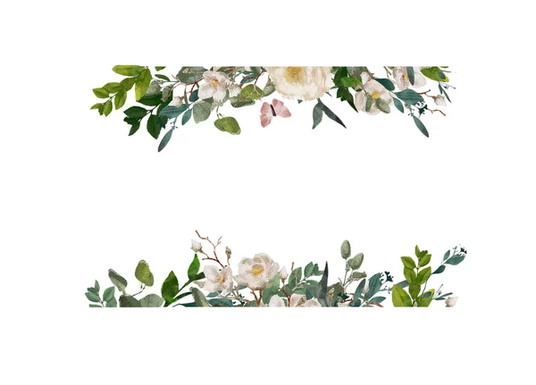 Handbemalter Aquarell-Blumenkranz auf weißem Hintergrund. Kranz, Blumenrahmen, Aquarell-Blumen, Pfingstrosen und Rosen, Illustration handbemalt. isoliert auf weißem Hintergrund. — Stockfoto