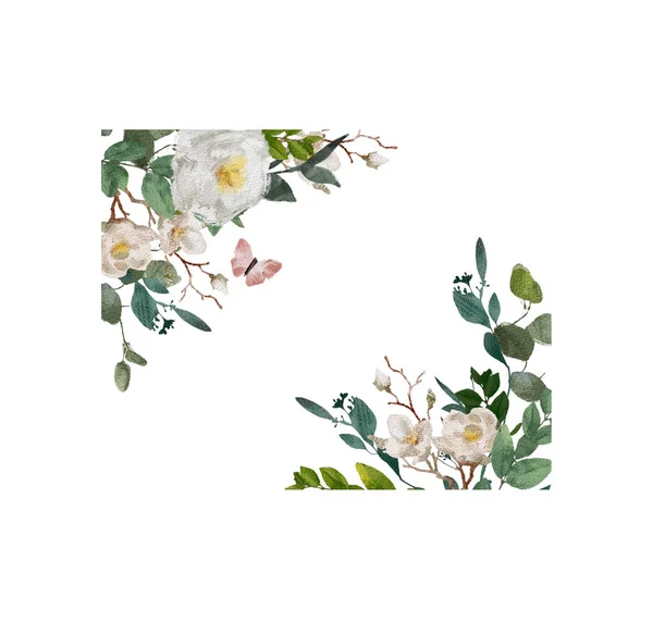 Handbemalter Aquarell-Blumenkranz auf weißem Hintergrund. Kranz, Blumenrahmen, Aquarell-Blumen, Pfingstrosen und Rosen, Illustration handbemalt. isoliert auf weißem Hintergrund. — Stockfoto