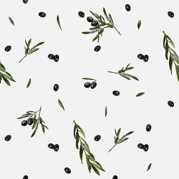 Akvarel olivová větev je bezproblémová. Ručně tažené květinové textury s přírodními živly: černé a zelené olivy, listy a olivová větev. — Stock fotografie