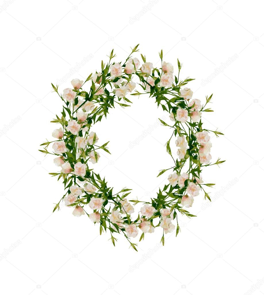 Hand-painted watercolor floral wreath on white background.Wreath, floral frame, watercolor flowers, peonies and roses, Illustration hand painted. Isolated on white background.