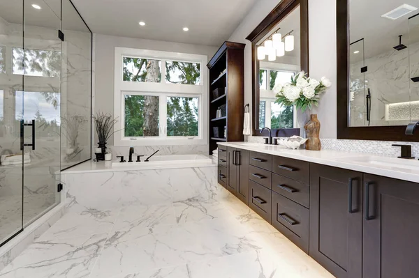 Master Modern Bathroom Interior Luxury Home Dark Hardwood Cabinets White — Stockfoto