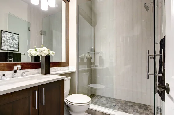 Koyu Ahşap Dolaplar Büyük Ile Banyo Modern — Stok fotoğraf