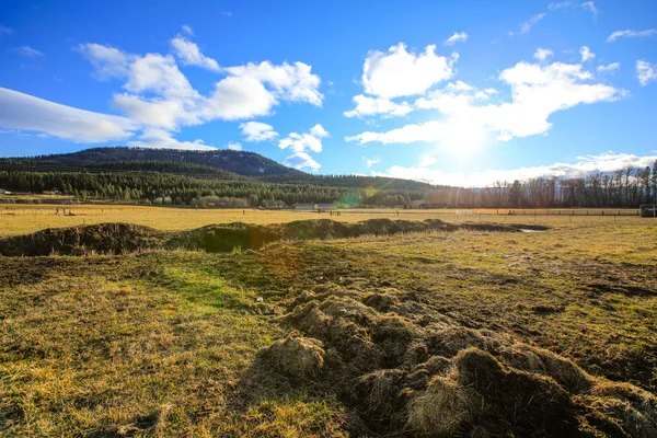 Campo Heno Campo Granja Con Hermoso Paisaje Salida Del Sol —  Fotos de Stock