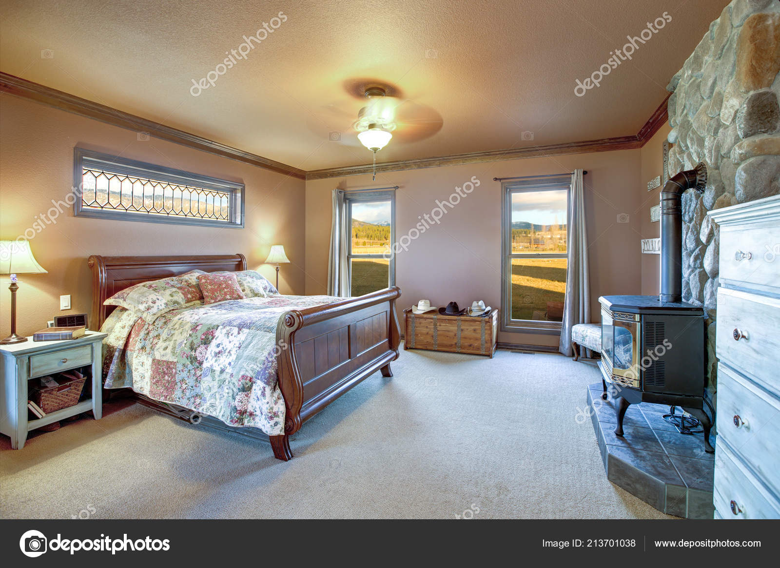 Master Bedroom Interior Wooden Sleigh Bed Old Wood Burning