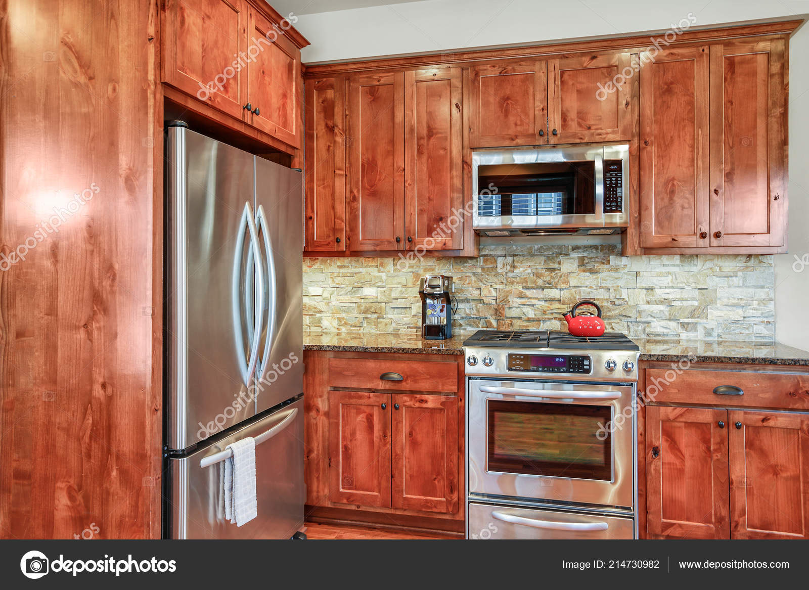 Wooden Kitchen Room Stone Backsplash Granite Countertops Stainless