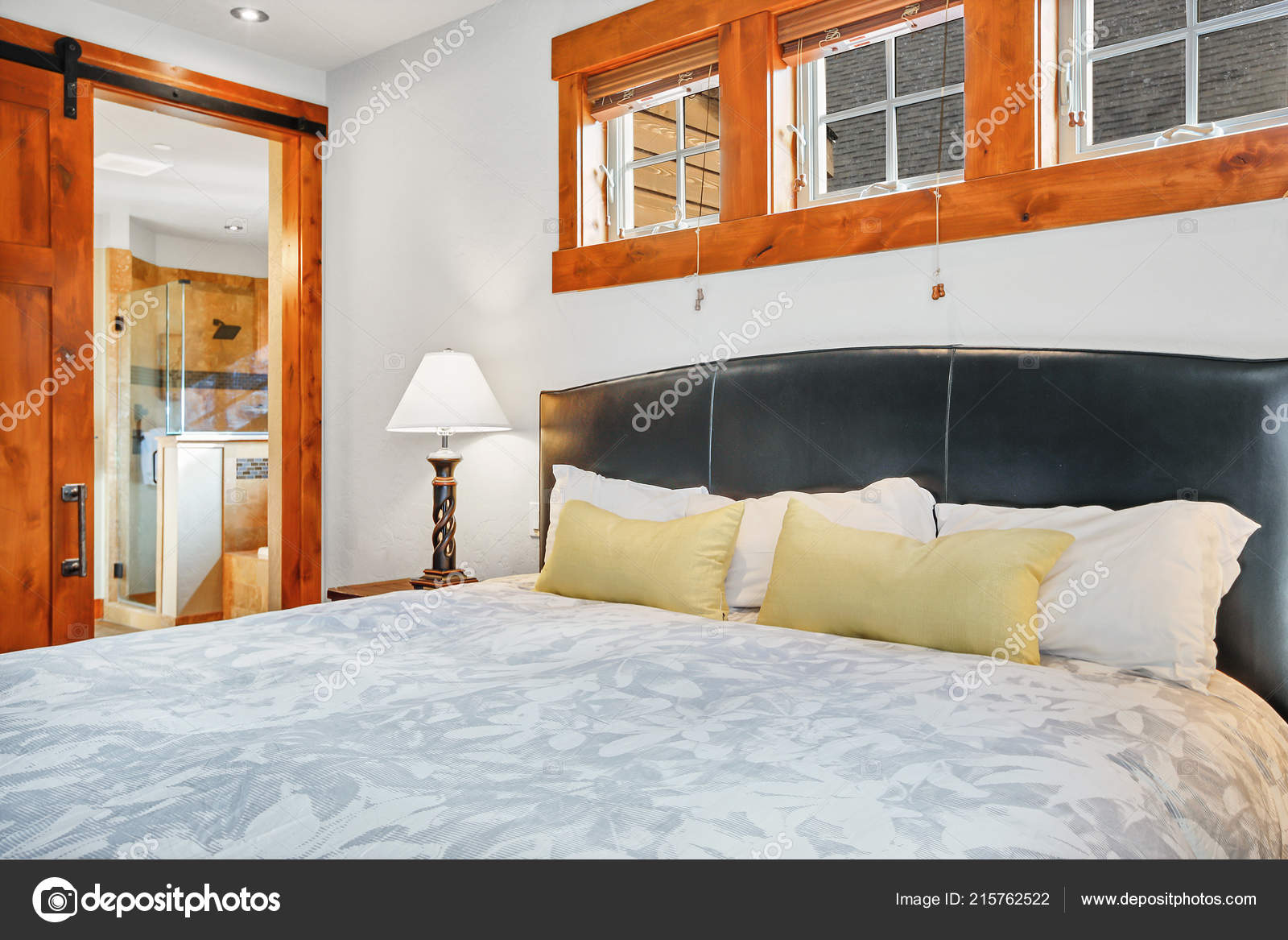 Gorgeous Master Bedroom Interior Leather Headboard Wood Trim