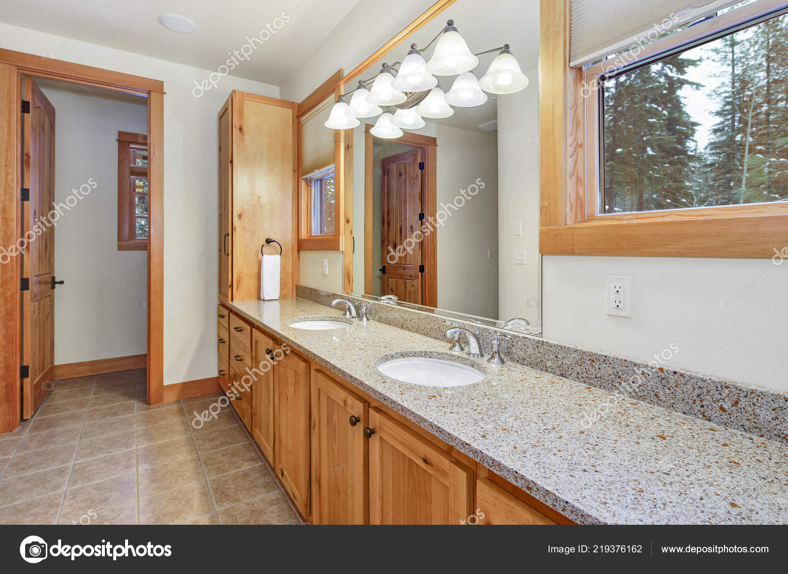 Light Wood Interior Master Bathroom Long Double Sink Vanity Cabinet Stock Photo By C Irianaw