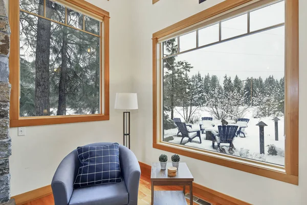 Magnífica Vista Ventana Del Patio Nevado Desde Sala Estar Luminosa — Foto de Stock