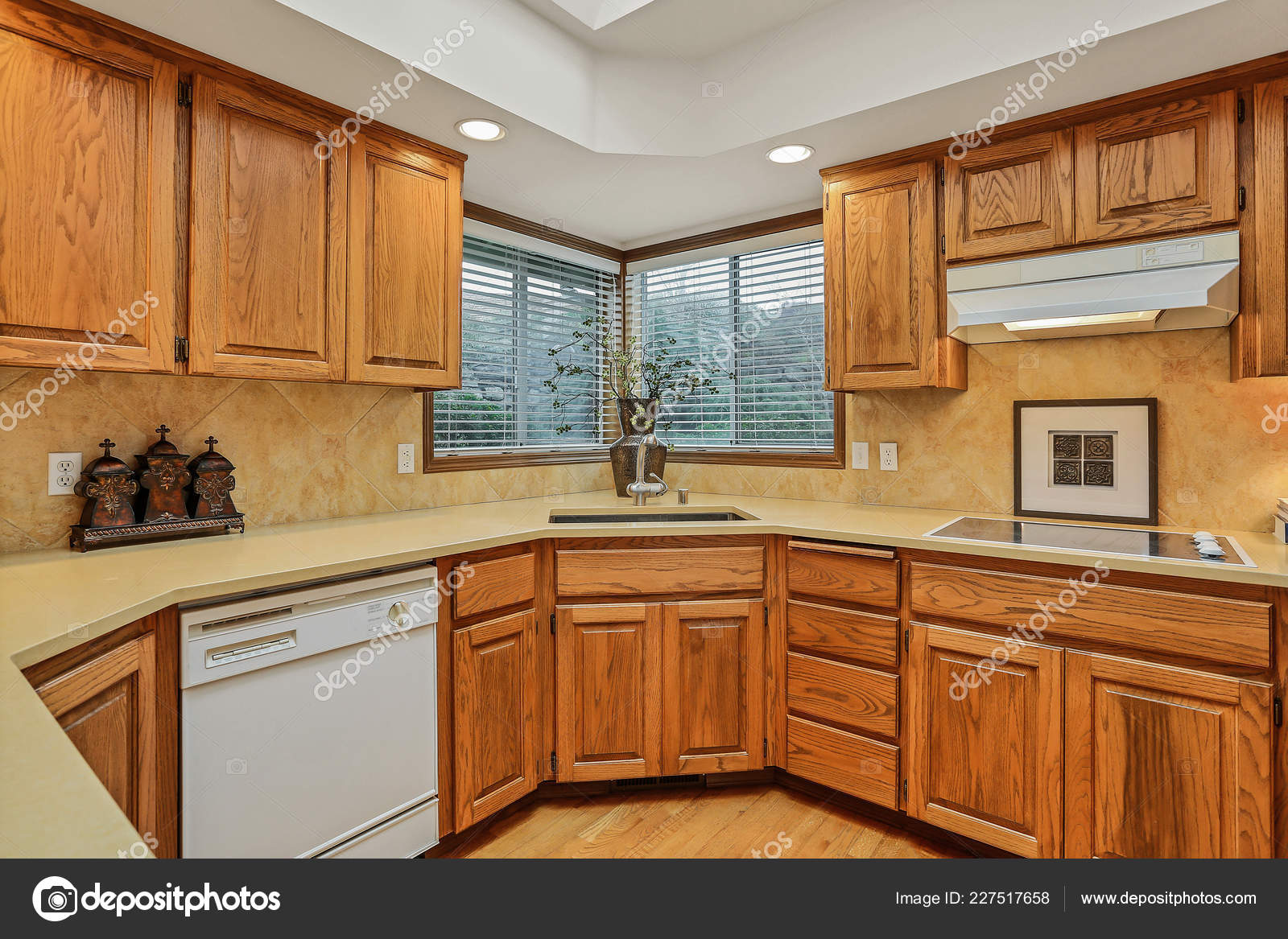 Open Large Kitchen Interior Vaulted Ceiling White Appliances