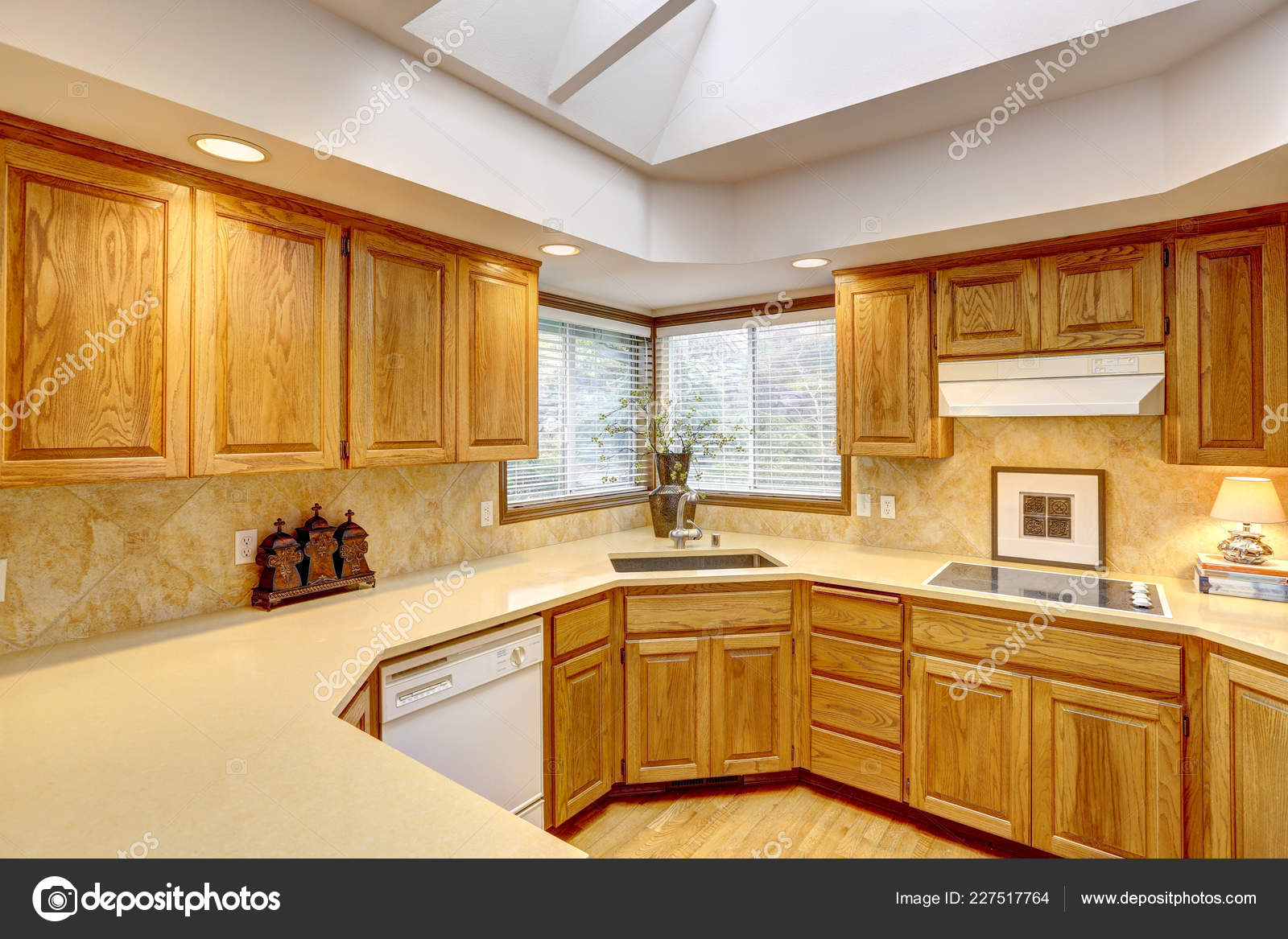 Open Large Kitchen Interior Vaulted Ceiling White Appliances