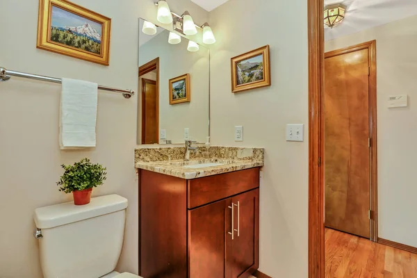 小客人浴室与木材虚荣心和打开的门到走廊 — 图库照片