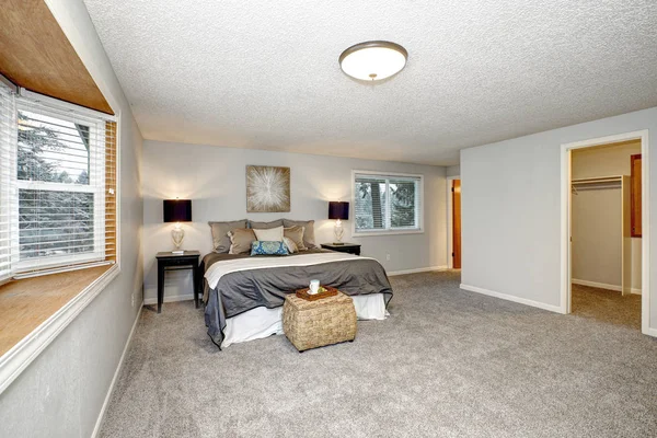 Master Bedroom Lots Space Grey Carpet Floor Rattan Trunk — Stock Photo, Image