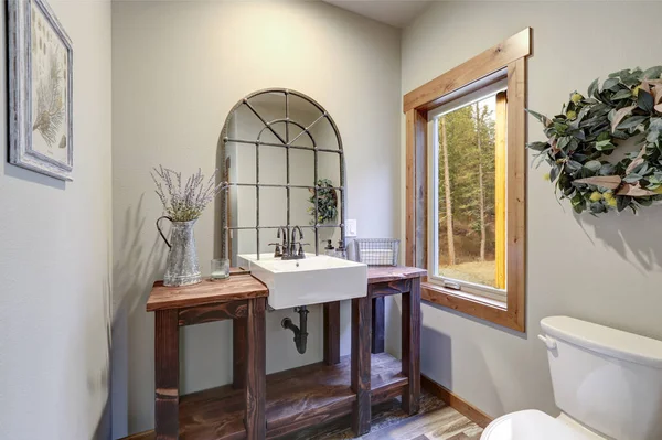 素敵な浴室を誇る鉄ケージ ミラーで飾られたカントリー スタイル洗面台 — ストック写真