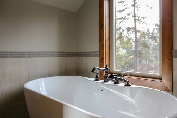 ビュー ウィンドウの下で独立した浴槽をなめらかなオイルと対になって白い浴室の設計の青銅製の蛇口をこすり — ストック写真