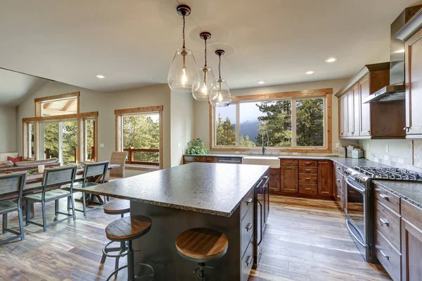 Luxurious Open Plan Kitchen Design Large Center Island Granite Counter — Stock Photo, Image