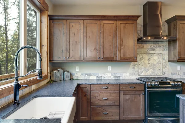 Luxuriöse Offene Küche Mit Granitarbeitsplatten Und Edelstahlgeräten — Stockfoto