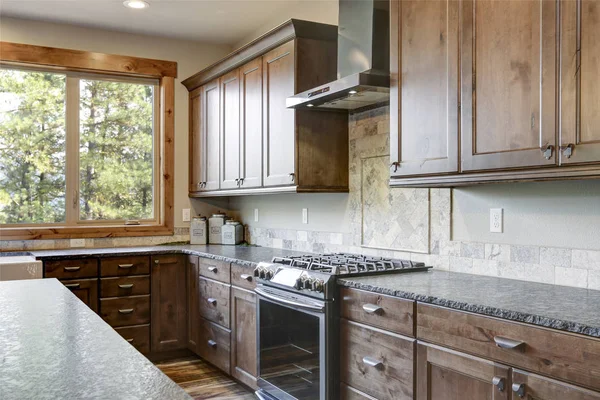 Luxurious Open Plan Kitchen Design Large Center Island Granite Counter — Stock Photo, Image