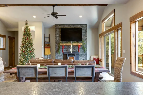 Living Room Interior Stone Fireplace Christmas Decor Deck — Stock Photo, Image