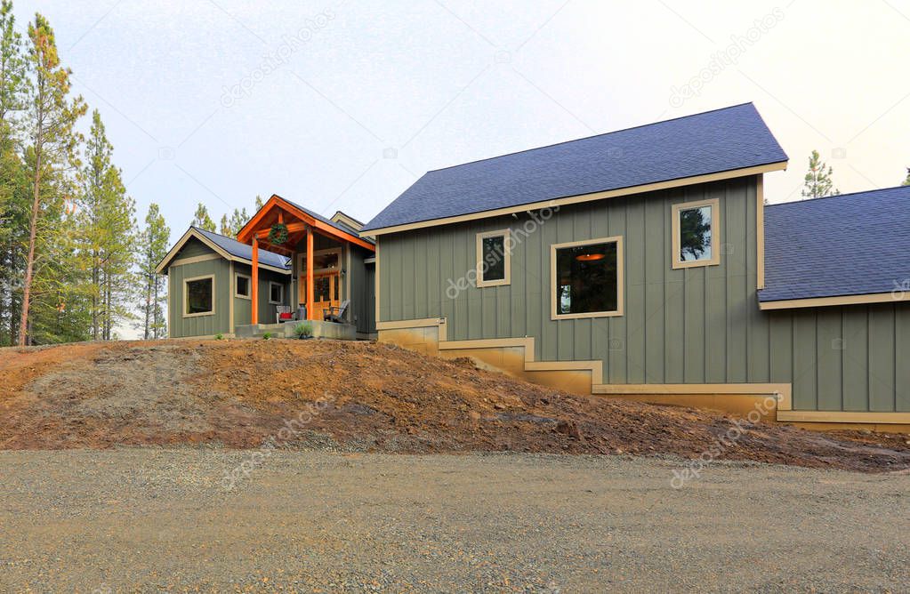 Exterior of a new gray wooden country house in Cle Elum, WA