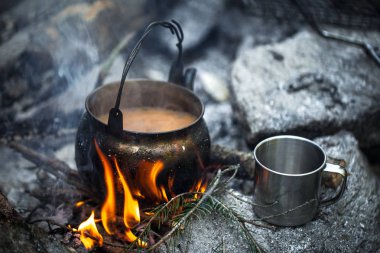 Sütlü çay söz konusu pişmiş. Bir su ısıtıcısı, metal bir kupa, bir yangın. Traveler's kahvaltı