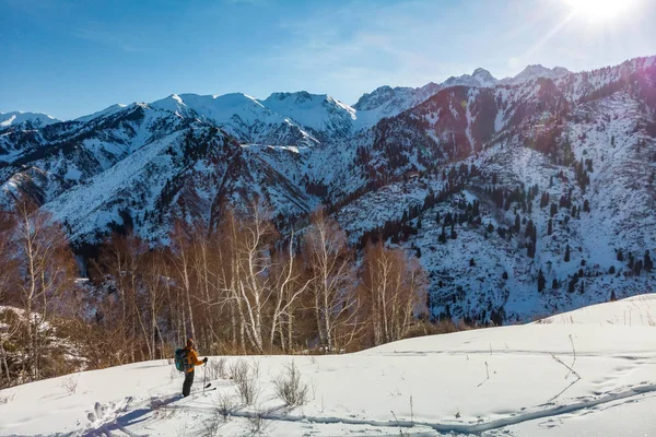 Joven Viaja Las Montañas Nevadas Invierno Esquís Tour Esquí — Foto de Stock