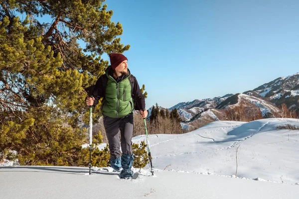 Young Man Walking Middle White Snow His Hands Trekking Poles — Stock Photo, Image