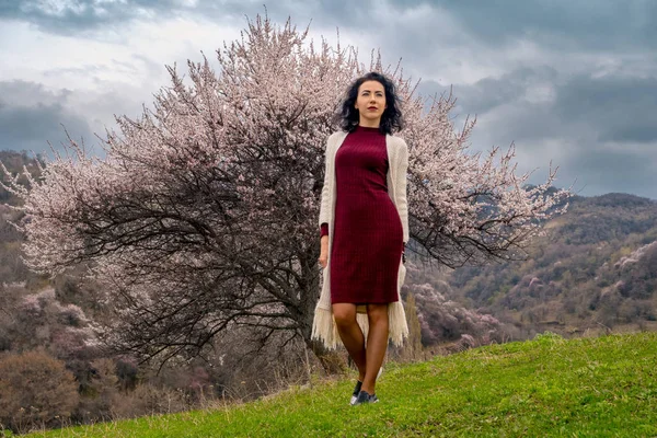 Girl walks in the spring outdoors across a green field under the crown of a blooming wild apricot tree