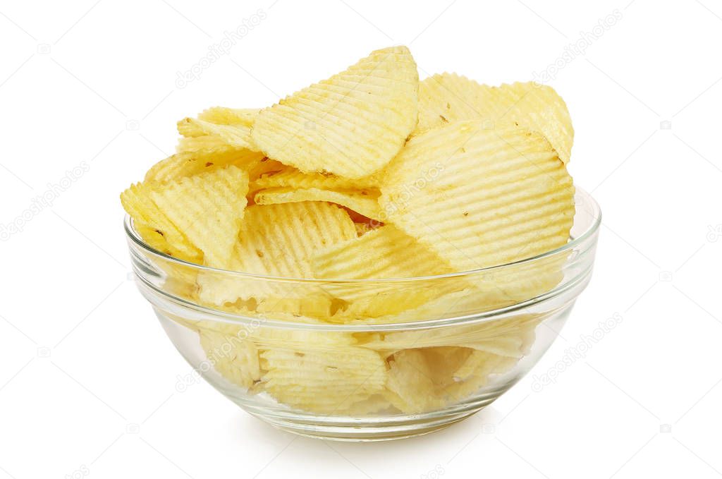 salty potato chips in glass bowl isolated on white