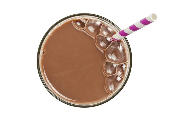 Glas Kall Choklad Mjölk Med Halm Isolerad Vit — Stockfoto