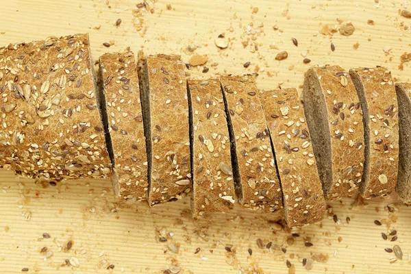 Sliced Multigrain Bread Wood Top View — Stock Photo, Image