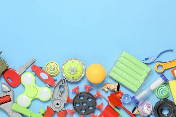 Variety Toys Blue Surface Top View Copy Space — Stock Photo, Image