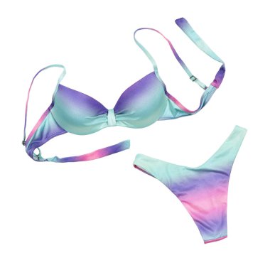 Beyaz, üst görünümde izole edilmiş renkli bikini