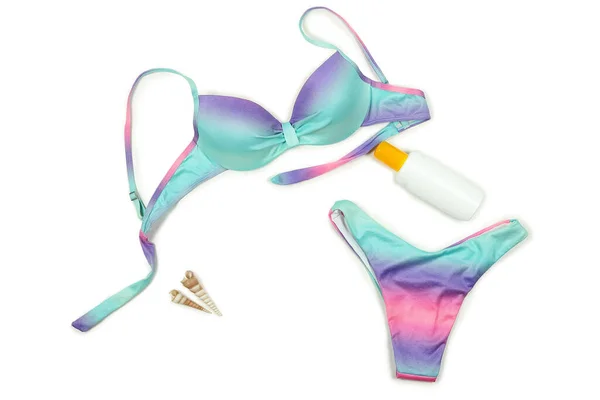 Flat Lay Colorful Bikini Beach Items White — Stock Photo, Image