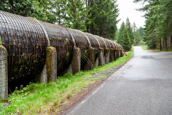 Water Sprays Out Wooden Water Flume Supported Concrete Wedges Next — Stock Photo, Image