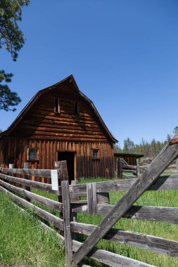 Bir çit içinde ağıl ve uzun boylu yeşil çimenlerin üzerinde Güney Dakota Black Hills alanda bir terkedilmiş homestead manzara ile eski bir ahşap ahır.