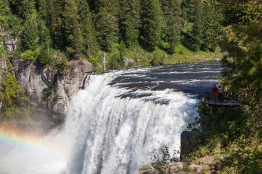 Upper Mesa Şelalesinin sisinde bir gökkuşağı Idaho 'daki Mesa Falls Manzarası boyunca Yılan Nehri' nin Henrys Çatalı 'nın engebeli çölünde bir uçurumdan aşağı yuvarlanırken..