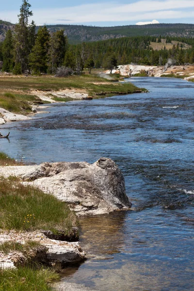 Firehole River Flowing Steaming Geysers Landscape Trees Mountains Yellowstone National — Stock Photo, Image