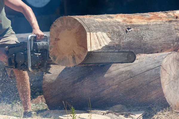 Man Uses Chainsaw Cut Log Sawdust Flys One Last Remaining — Stock Photo, Image