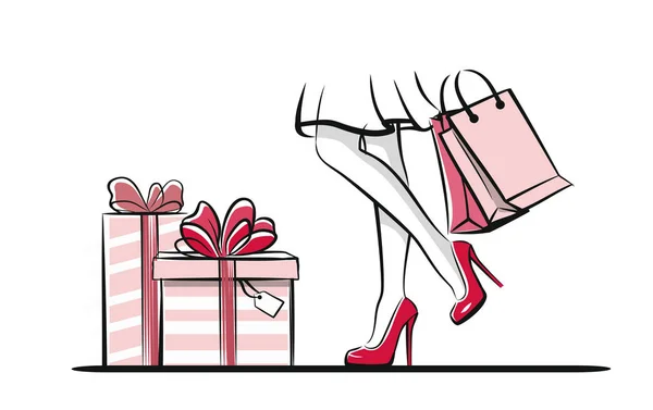 Mujer con bolsas de compras — Vector de stock