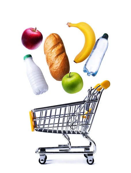 Kundvagn Vagn Med Färska Livsmedelsprodukter Och Frukt — Stockfoto