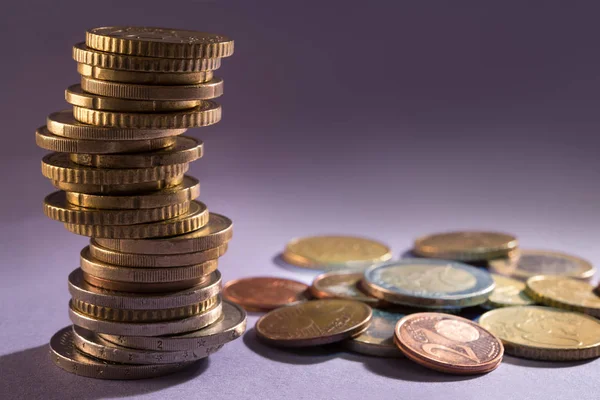 Euro Coins Stacked Gray Background — Stock Photo, Image