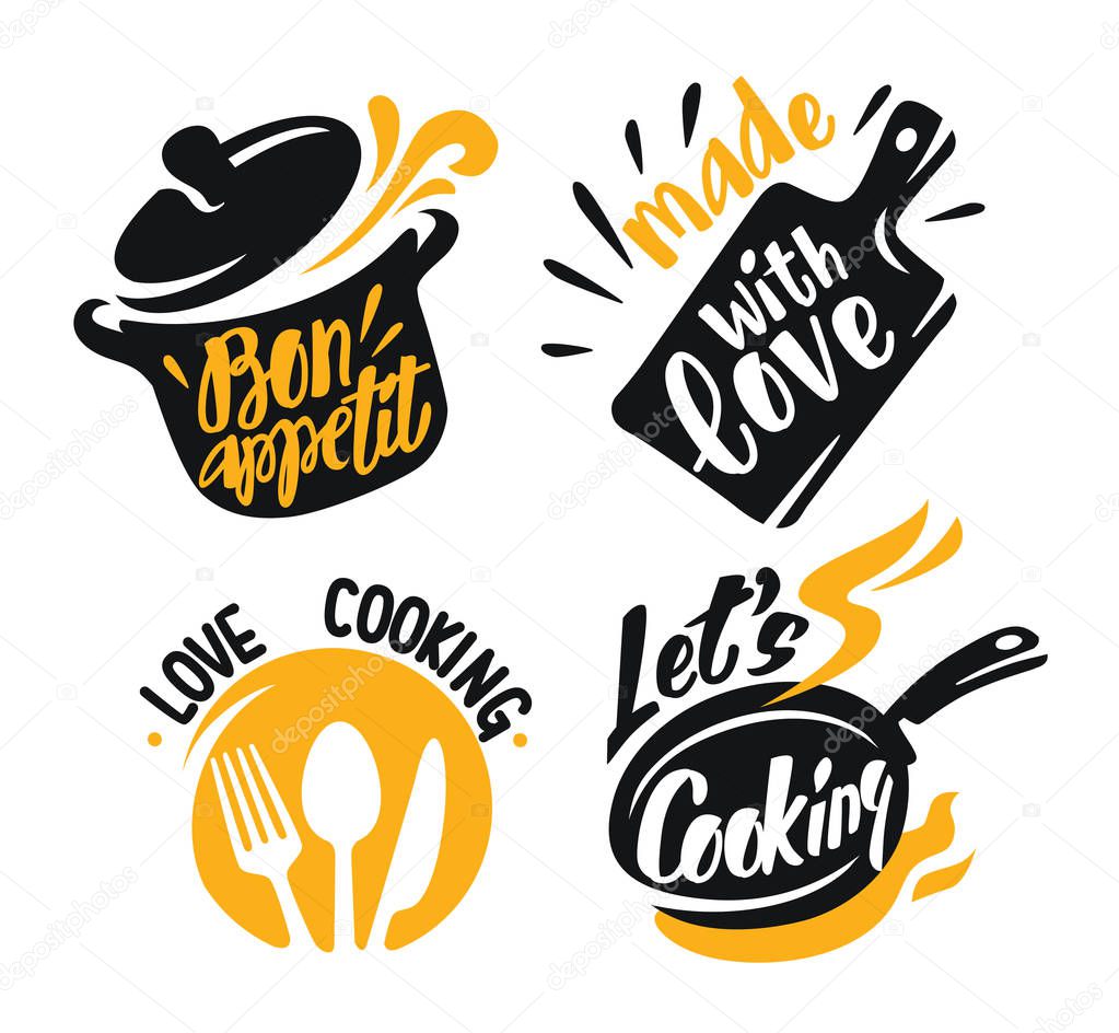 Cooking lettering elements icons on white