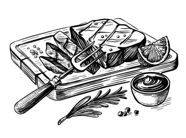 Biftek bbq çizim. Et el çizilmiş