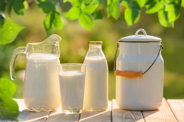 Vaso y jarra de leche fresca sobre mesa de madera — Foto de Stock