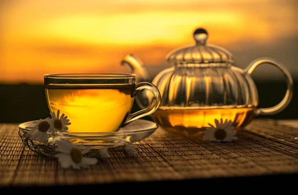 Glass cup and teapot sunset background — Stock Photo, Image