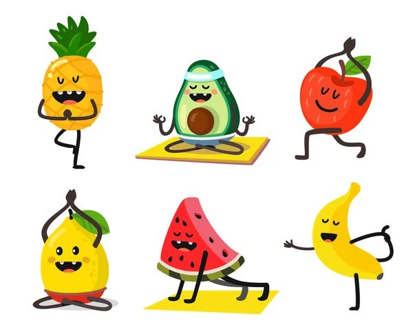 Different fruits do yoga in different poses — Stock Vector