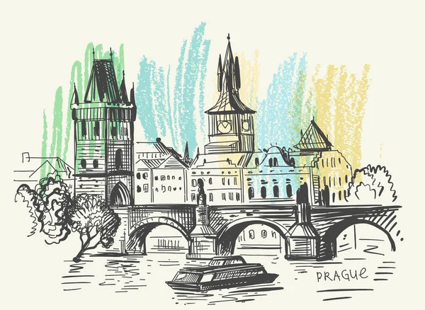 Prag 'ın geçmişi. Charles Köprüsü — Stok Vektör